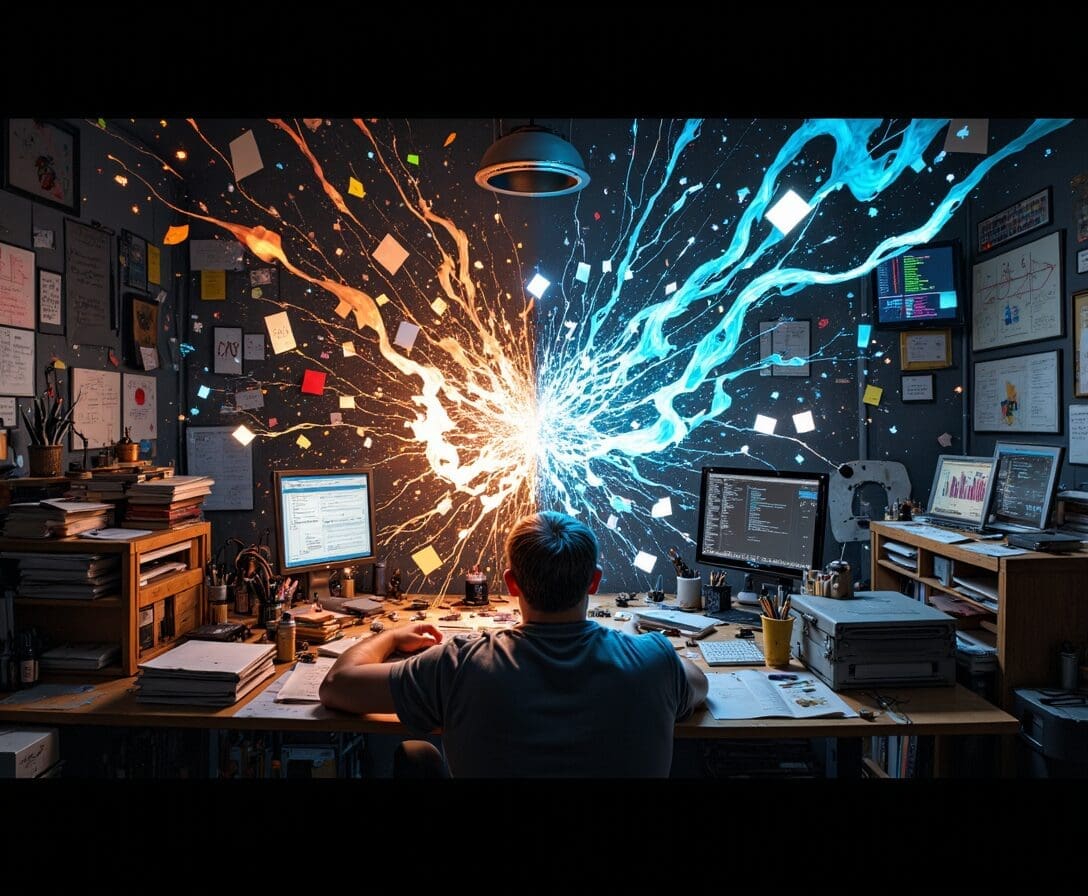 Digital second brain concept showing information overload turning into organized ideas