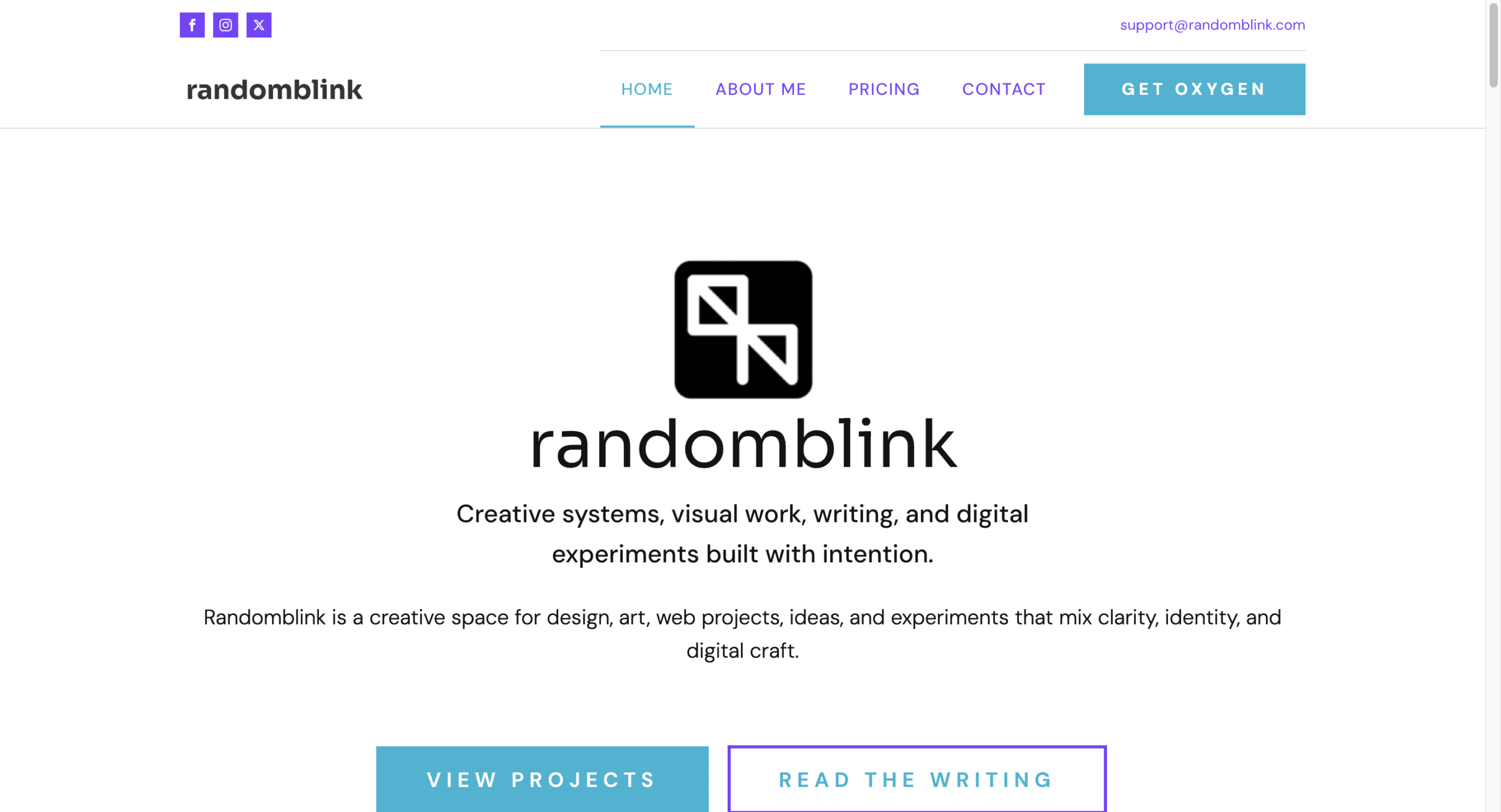 Randomblink homepage showing creative portfolio branding, navigation menu, and hero section with project and writing buttons