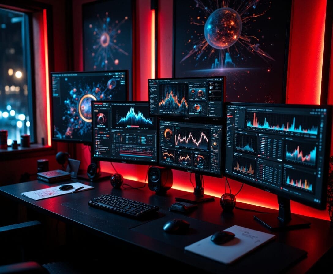 Modern multi-monitor workspace displaying website analytics dashboards with red accent lighting